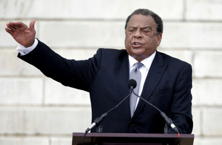 FILE - In this Aug. 28, 2013 file photo, former United Nations Ambassador Andrew Young speaks at the Let Freedom Ring ceremony at the Lincoln Memorial in Washington to commemorate the 50th anniversary of the 1963 March on Washington for Jobs and Freedom. Young, a lieutenant of Dr. Martin Luther King Jr. during the 1960s civil rights movement, marvels at both the sizes and the spontaneity of today's protests against racial injustice. The former Democratic congressman, Atlanta mayor and United Nations ambassador recalled activists spending three months to organize for a 1963 Birmingham, Alabama, campaign in which King and other protesters were jailed. He said only a fraction of the 500 demonstrators sought showed up. (AP Photo/Carolyn Kaster, File)